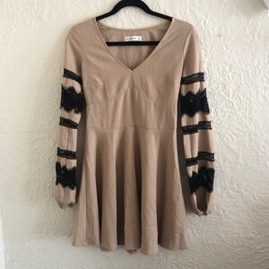 Abercrombie and Fitch Tan Skater Dress Long Balloon Sleeves Black Eyelash Lace S